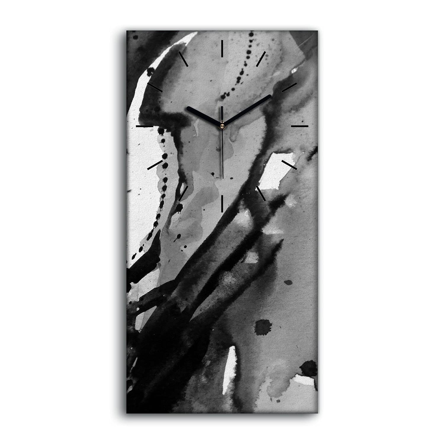 Horloge sur Toile 30x60cm Aquarelle Abstraite Noire et Blanche