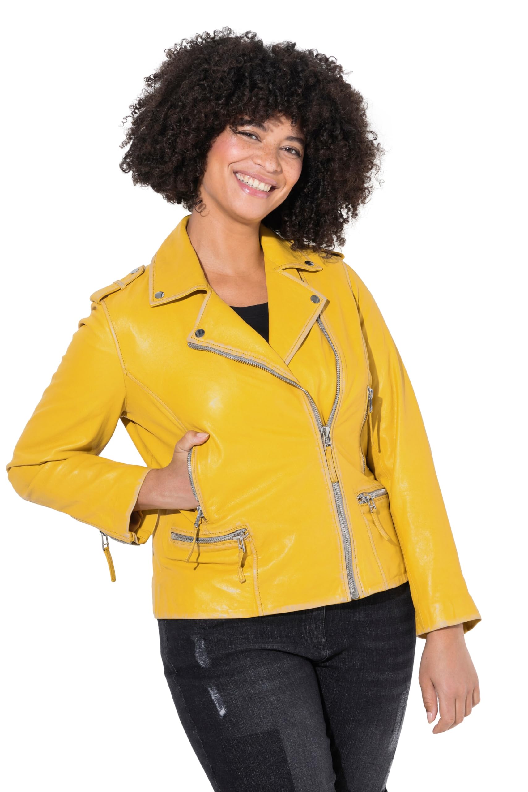 Angel of Style Damen große Größen Übergrößen Plus Size Leder-Bikerjacke, echtes Leder, Farbe, Langarm 838691