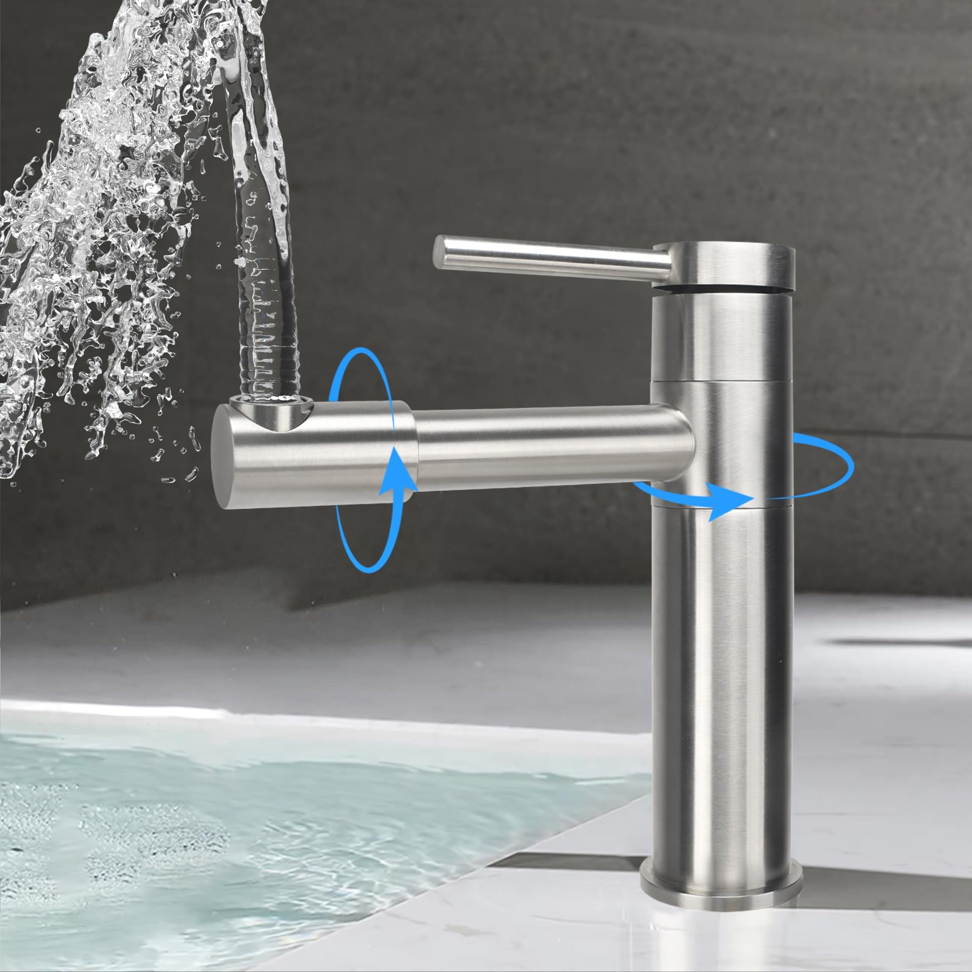 Rubinetto Bagno Lavabo 360° Girevole Miscelatore Lavabo Bagno | Rubinetto Monocomando Fredda e Calda Rubinetto per lavabo con Cartucce in Ceramica in Acciaio Inox Spazzolato Argento
