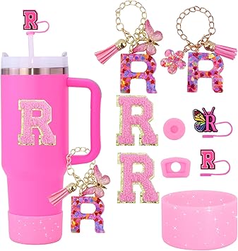 Pink Stanley Cup 9PCS Cup Accessories Set Compatible with 30oz & 40oz Cups,Includes Straw Cover,Boot,Spill-Proof Stopper,2PCS Handle Charm & Stickerspink R