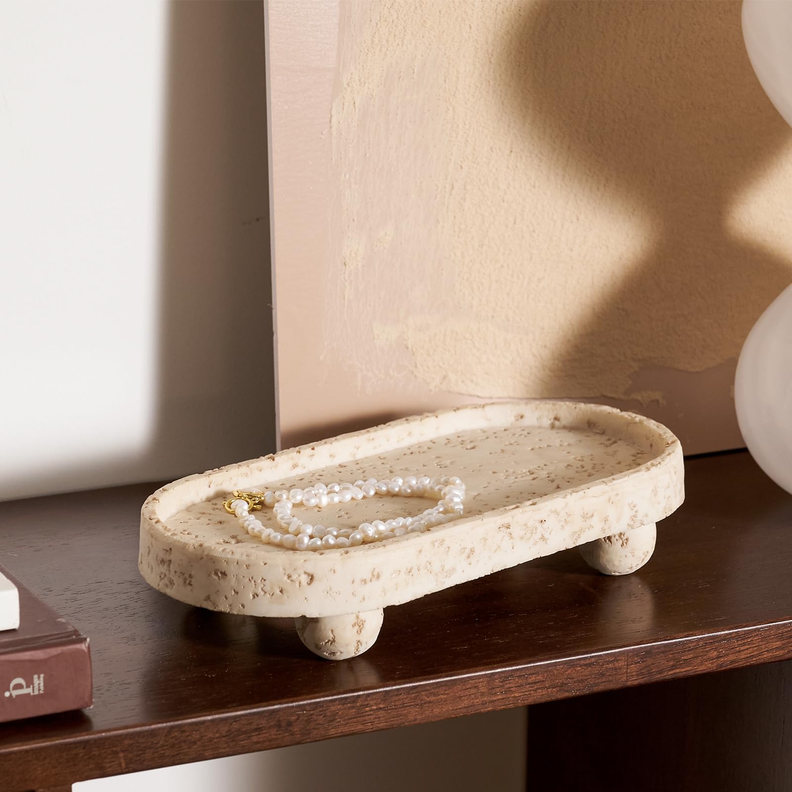 DN DECONATION Plateau décoratif en résine avec pieds, plateau de table basse à 4 pieds, plateau de courtoisie pour parfum, bijoux, salle de bain, savon, cuisine, comptoir, commode, ovale, 24,2 x 5 cm