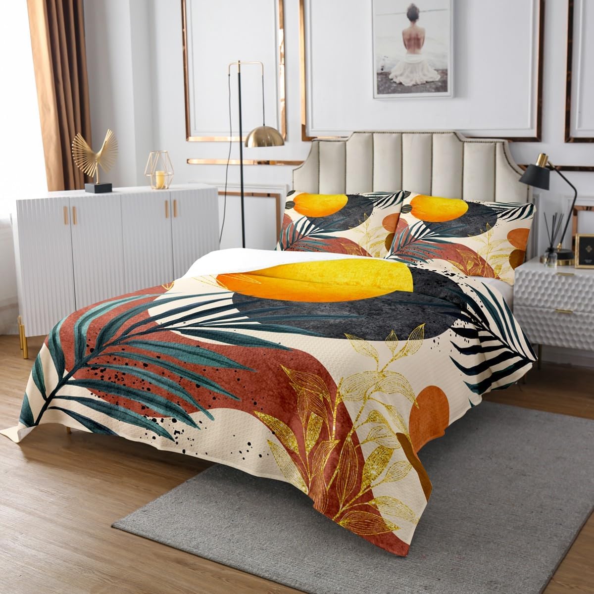 Boho Mid Century Bedspread King Size,Abstract Modern Minimalist Leaf Coverlet Set 3pcs,Geometric Sun Leaf Quilted Coverlet with 2 Pillowcases,Kids Boys Room Decor,Soft Bedding Quilt