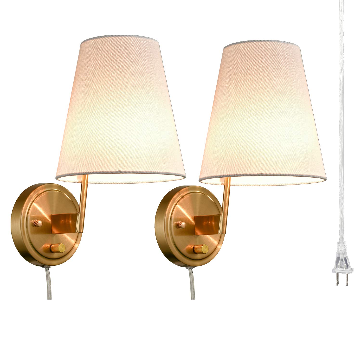 Bedroom Bedside Wall Lamps Set of 2 Gold Brass Plug in Wall Sconce Fabric Shade for Living Room