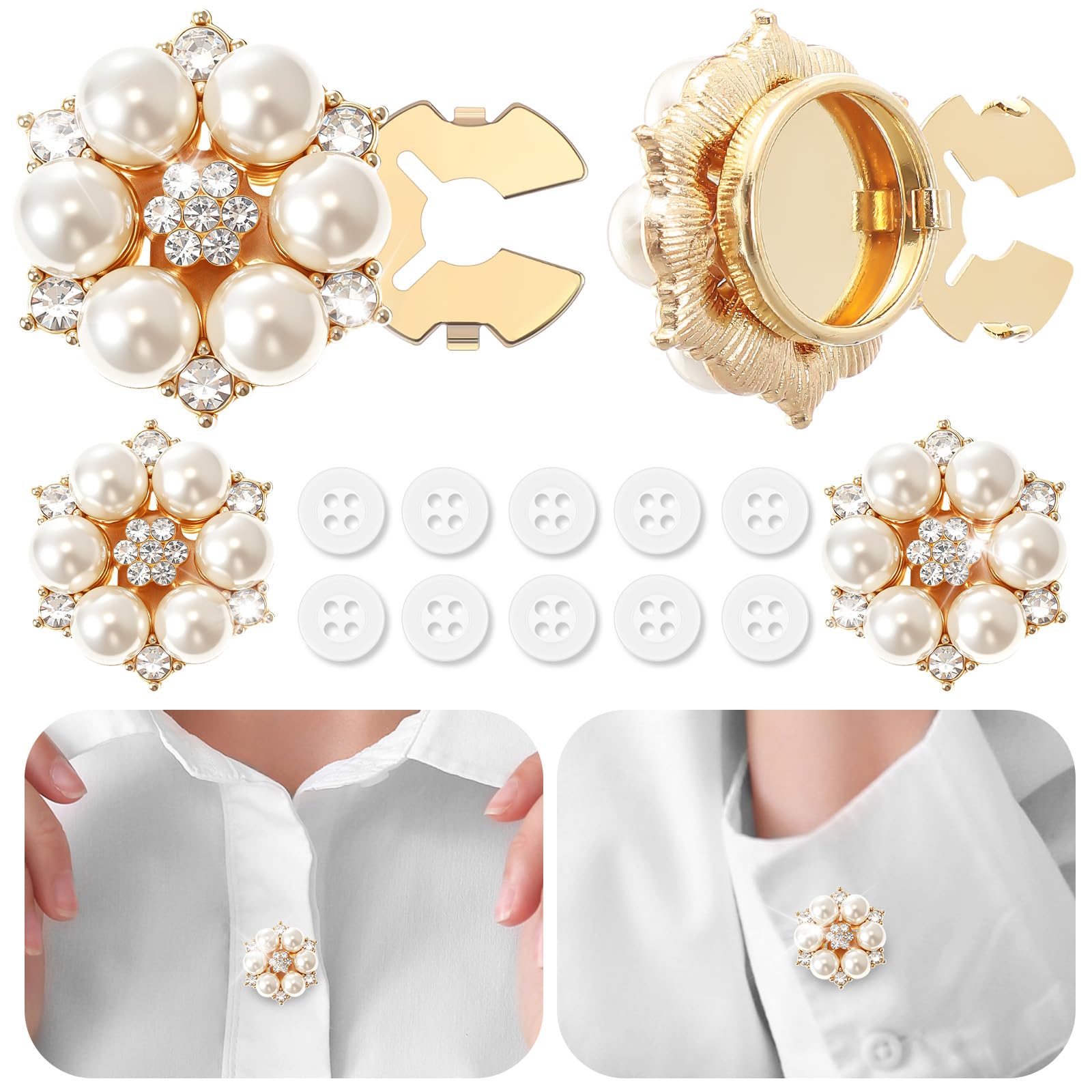 6 Sets Button Covers, Rhinestone Gold, Pearl Sunburst Clip on
