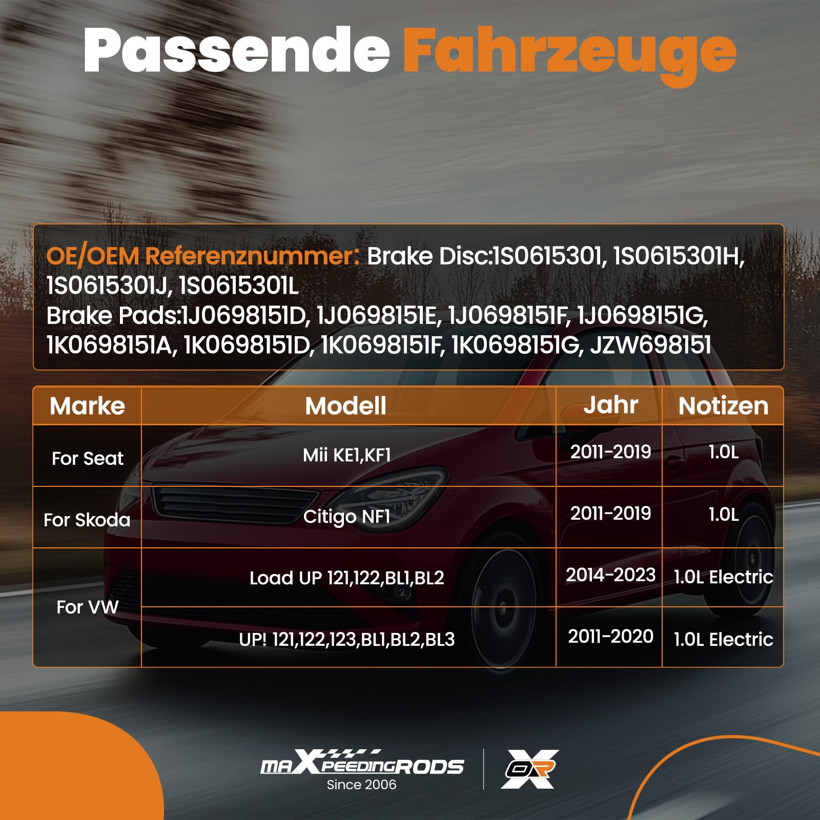 maXpeedingrods Juego de frenos con discos de freno delanteros, diámetro de 256 mm, para Seat Mii para Skoda Citigo 1S0615301 1S0615301H 1S0615301J