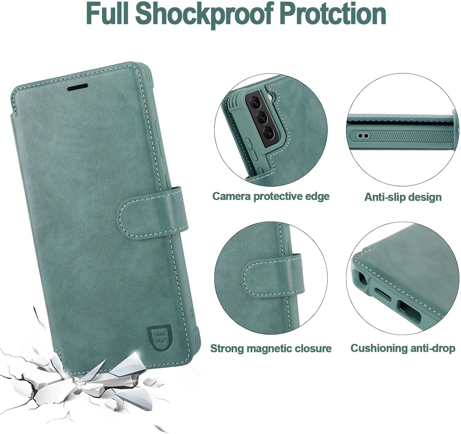 VANAVAGY Compatible for Galaxy S22 Wallet Case for Women Men, PU Leather Flip Cover with Wrist Strap for Wireless Charging with RFID Blocking Card Holder Screen Protector,Forest Green