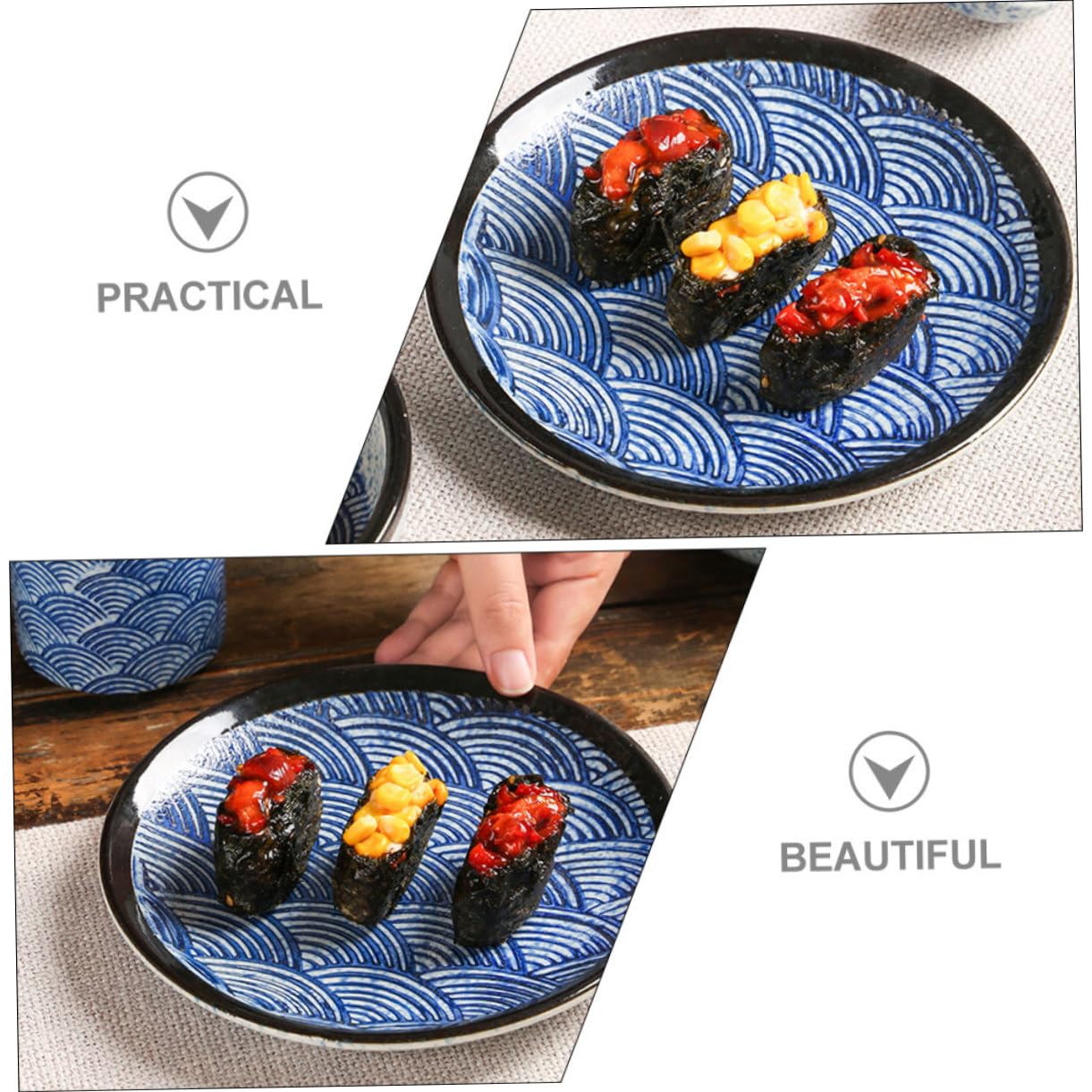 Service Vaisselle Céramique Japonerie à Motif Ondulations, 1 Set 4 Pièces