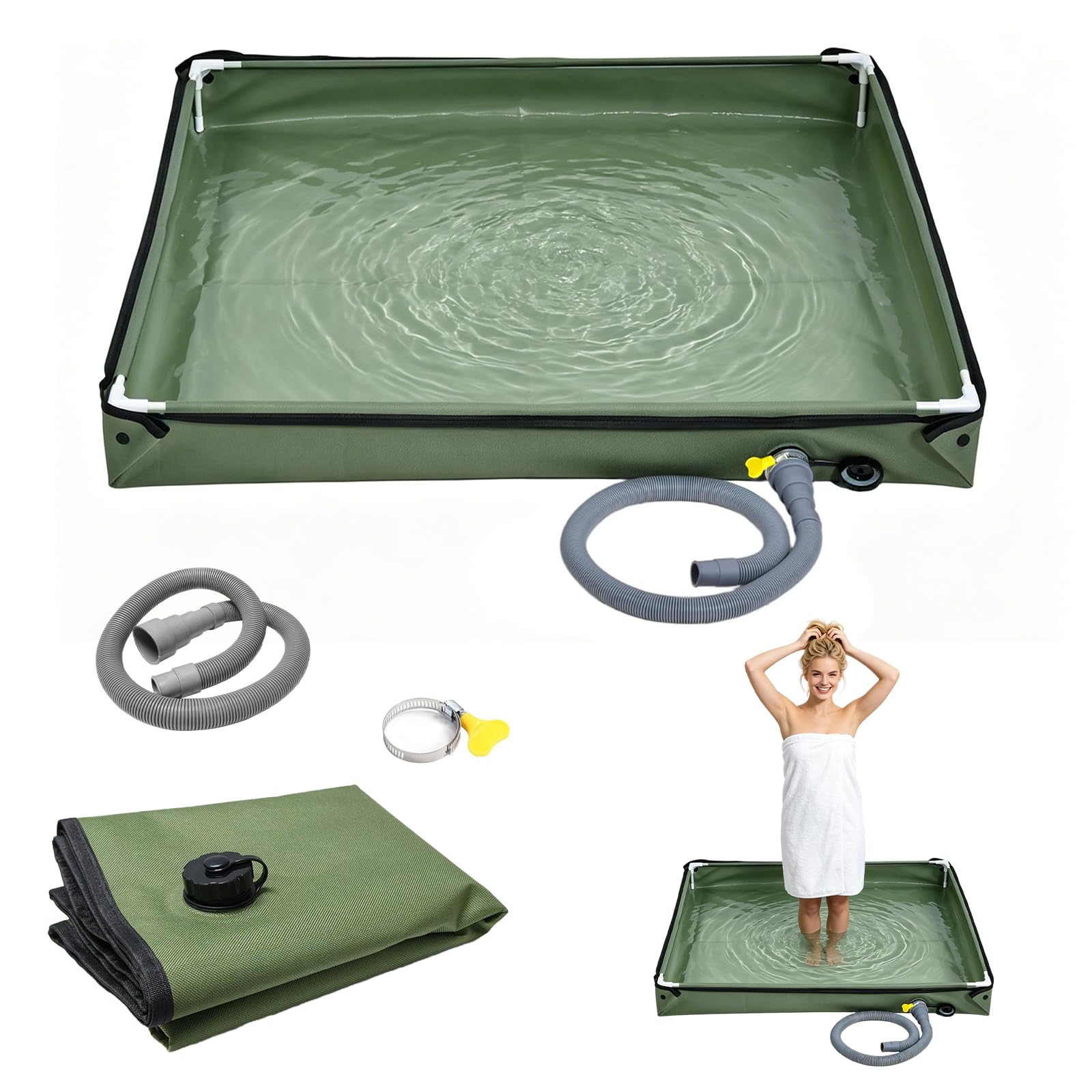 Piatto doccia pieghevole, 80 x 80 cm, piatto doccia da campeggio, base doccia portatile con tubo di scarico, tenda doccia per esterni, per camper, giardino, viaggi (verde militare)