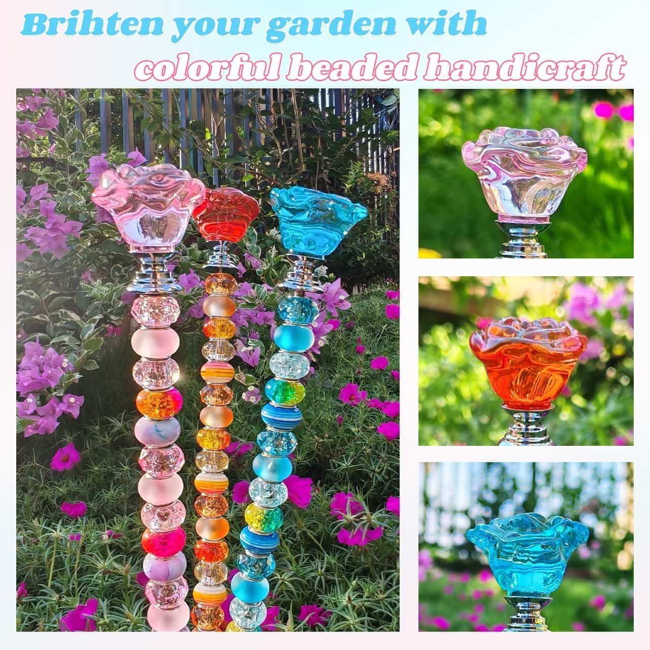 255Pcs Fairy Garden Accessories Outdoor Kit for Different Holidays, Fairy Wand Garden Stake Beads Kits with Large Hole Beads and Crystal Flowers, Beaded Garden Stake Kit (Crystal Flower) - Image 2