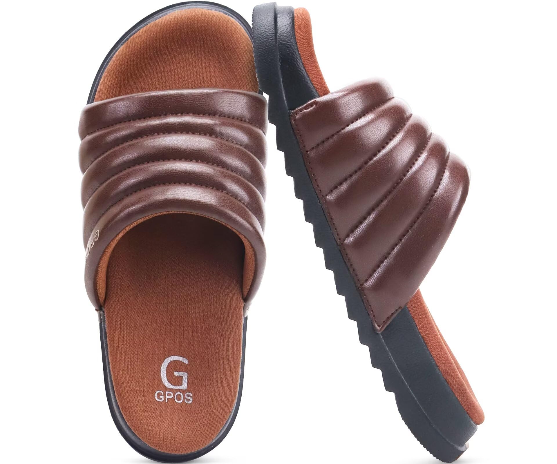 GPOS Womens Slides with Memory Foam Soft Cushioned Cozy House Slippers for Woman Comfy Open Toe Ladies Sandals Leather Slip on Bedroom Shoes Plantar