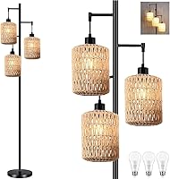 Vista 1 de Lámpara de pie con diseño de árbol de 3 bombillas; alta, rústica, estilo rural, industrial y boho, pantalla de mimbre y bambú; para sala de estar