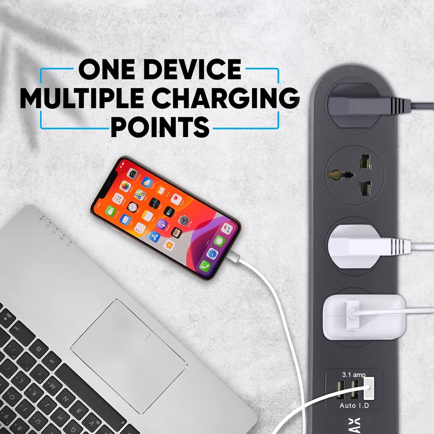 71P1KFmP3DL._SL1500_ ADDMAX Extension Cord with USB Port - 10A 220V-50/60Hz [4 socket Outlet with 3 USB Port] [Fire flame proof] [USB Charging Port][3 Meter Cord] Multi Plug Power Strip Extension Board- Dark Grey