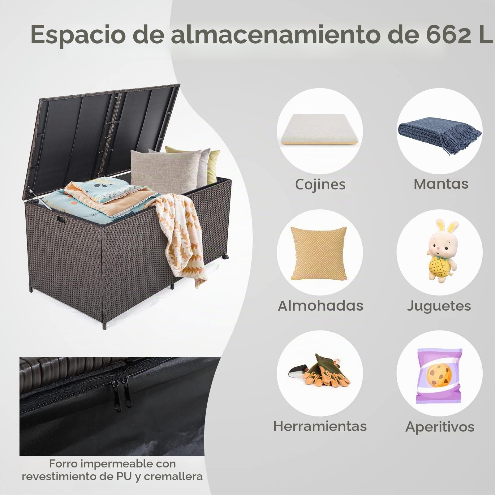 GIANTEX Baúl de Jardín de 662 L de Ratán con Tapa Impermeable | Arcón de Almacenaje con 2 Ruedas y Asa, Interior con Funda Impermeable, 150x77x73 cm, para Balcón Terraza