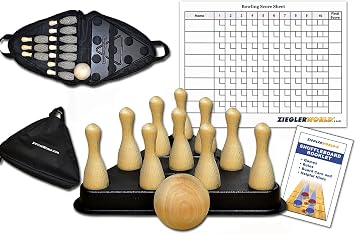 Zieglerworld Table Shuffleboard Bowling Brown Pins - Pinsetter - Rules Booklet - Score Chart - Carrier Bag & Wood Ball