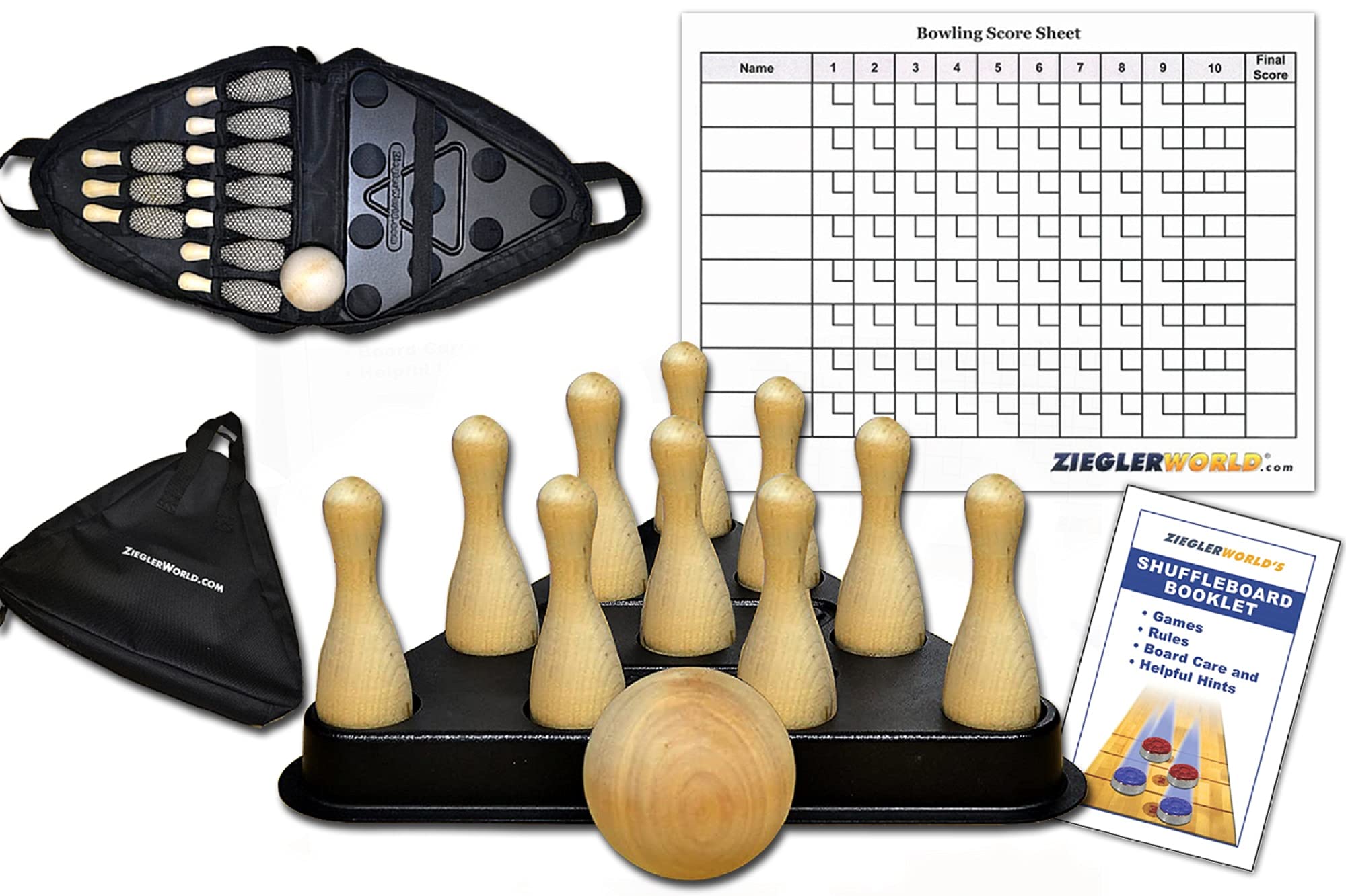ZieglerWorldTable Shuffleboard Bowling Brown Pins - Pinsetter - Rules Booklet - Score Chart - Carrier Bag & Wood Ball