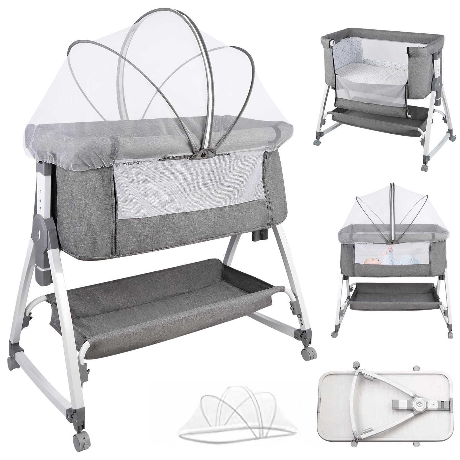 OHMG 4 in 1 Culla Neonato Fianco Letto,Culla da affiancare,Culla da Campeggio con Materasso e Cinghia Fissaggio,Regolabile In Altezza 6 Posizioni,per Bambini 0-6 Mesi (Grigio (80x40x100-115cm))