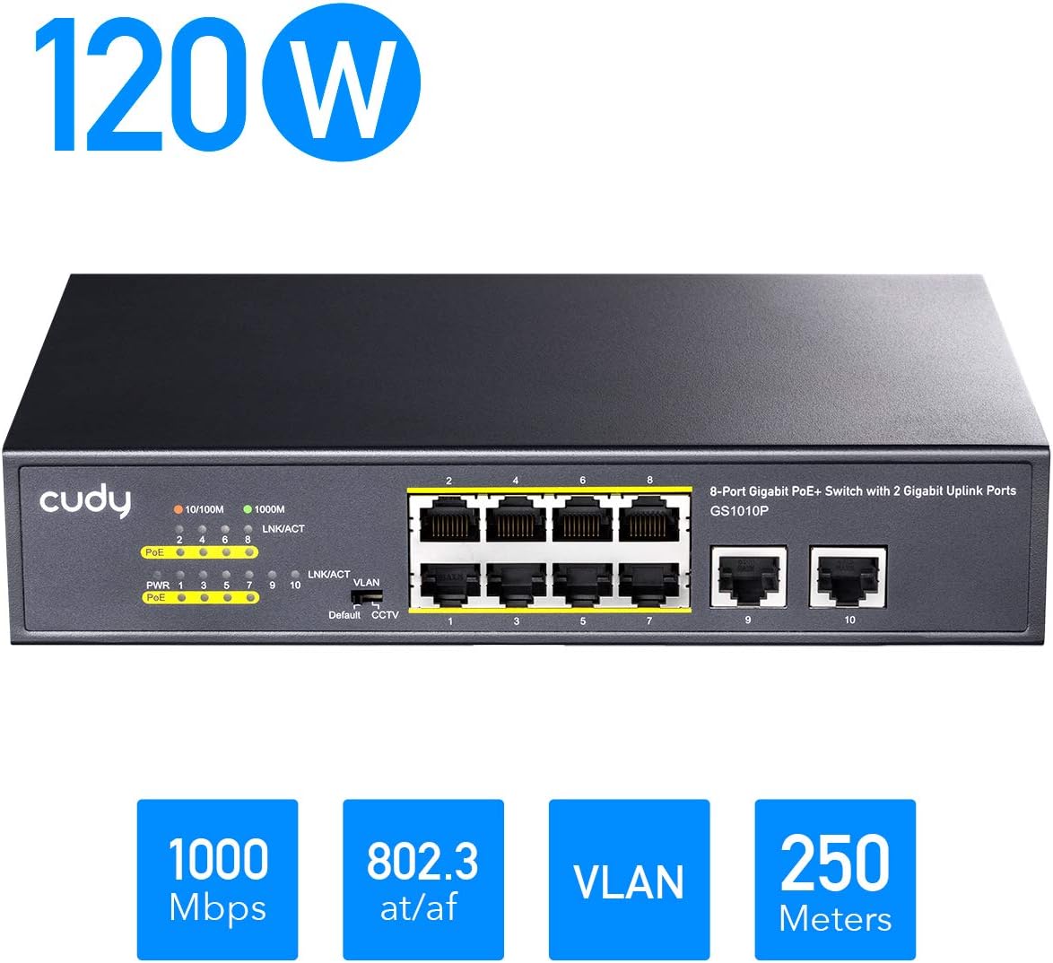Cudy GS1010P 10-Port Gigabit Ethernet Unmanaged PoE Switch, with 8 x PoE+ @ 120W, Desktop/Rackmount, CCTV / VLAN Mode, 802.3af/ 802.3at, Plug and Play