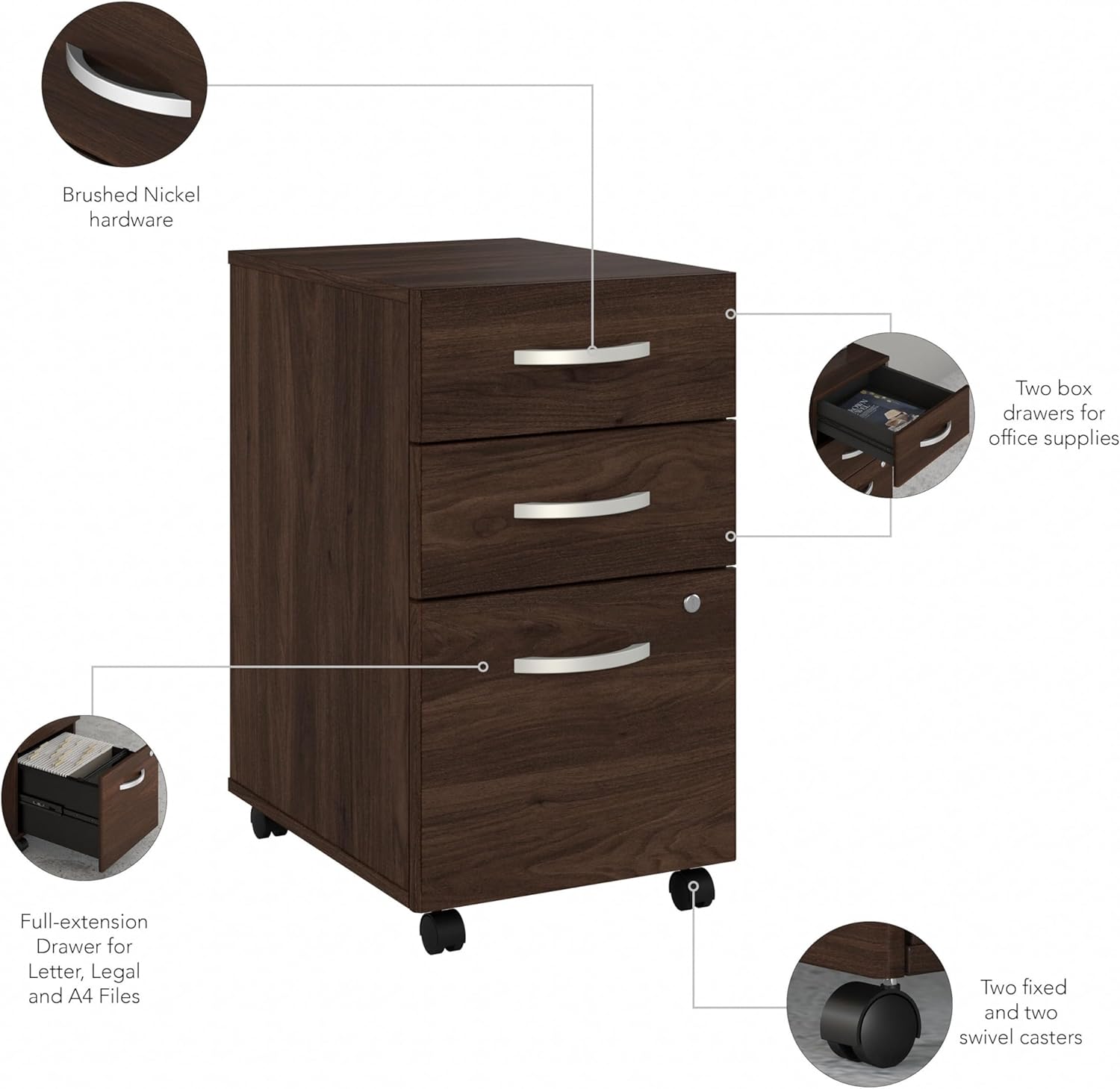 Bush Business Furniture 3 Drawer Mobile File Cabinet - Assembled, Rolling Document Storage for Home or Professional Office, Studio C Collection, Black Walnut
