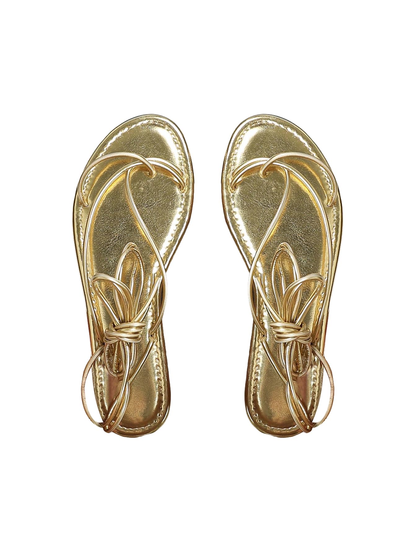 GORGLITTER Women's Gold Metallic Lace Up Sandals Strappy Open Toe Thong Tie Up Slides