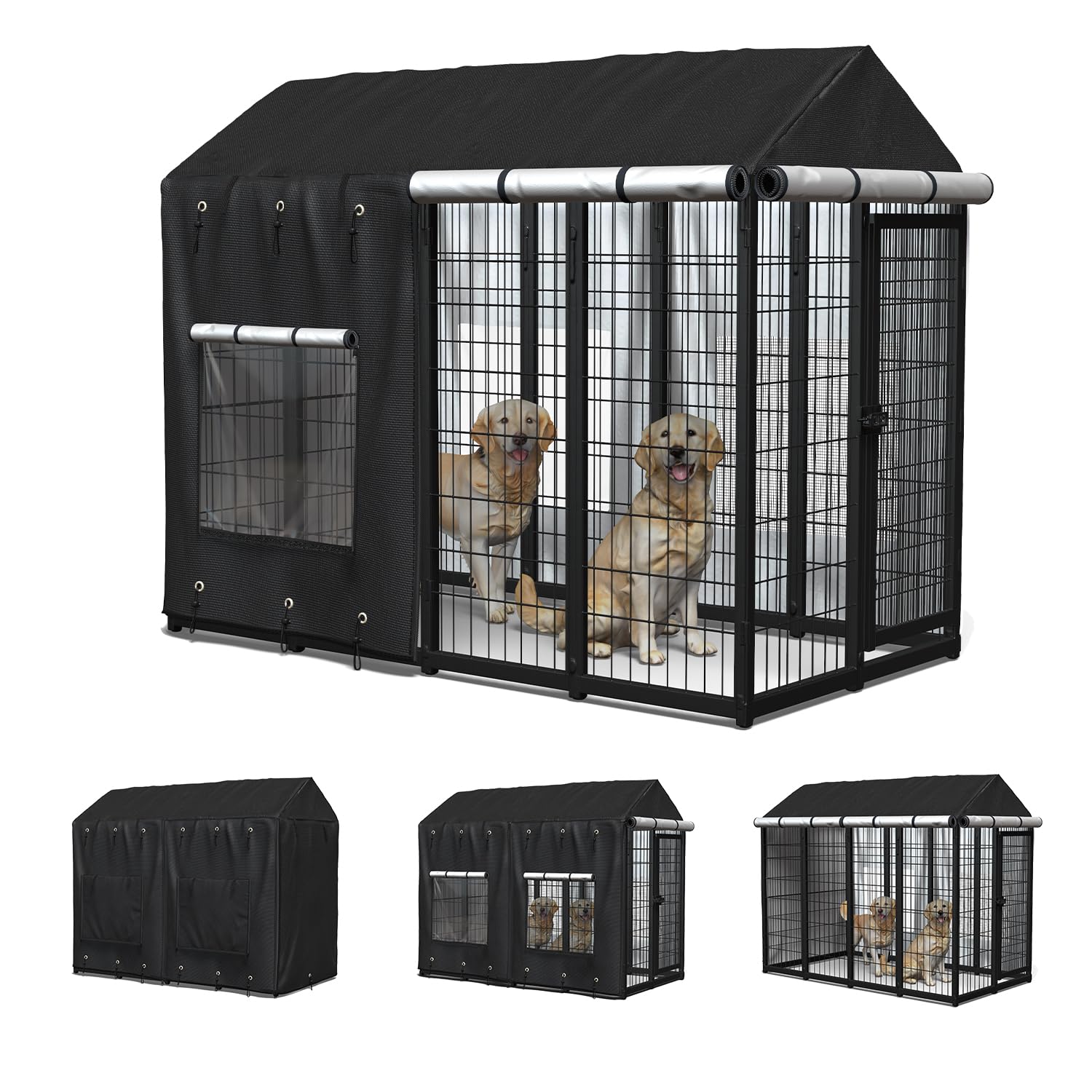 Photo 1 of ciclvx Outdoor Dog Kennel Cover for 8'Dx4'Wx6'H with Grids and Transparent Window, 600D Full Coverage & Silver-Coated Interior Waterproof Dog Crate Cover for Large Dog Cage Outdoor (Cover Only)