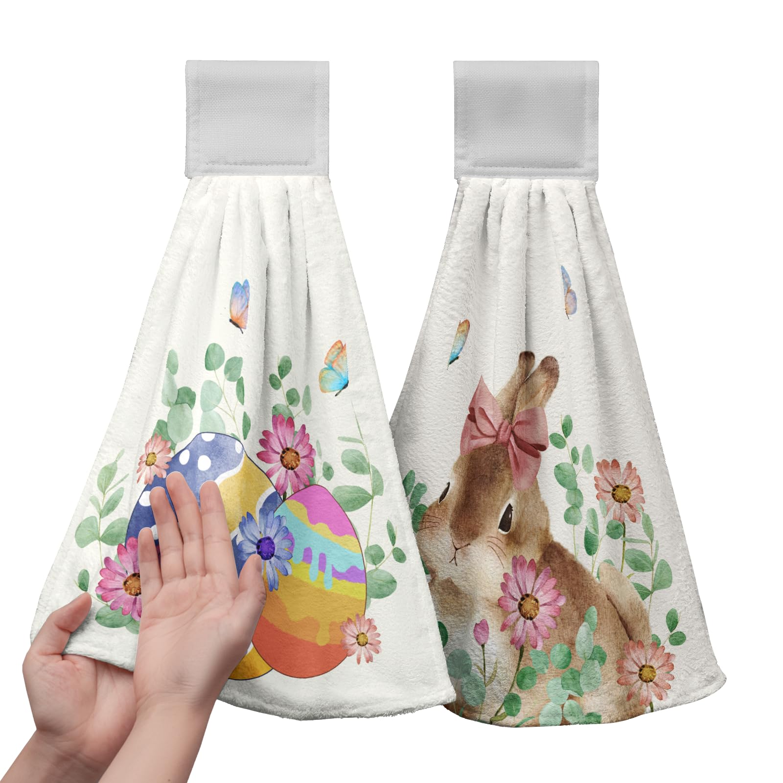 Kwlegh Easter Bunny Eggs Kitchen Towels with Hanging Loop Easter Colorful Egg Hanging Dish Towels Spring Rabbit Holiday Hand Towel Soft Absorbent