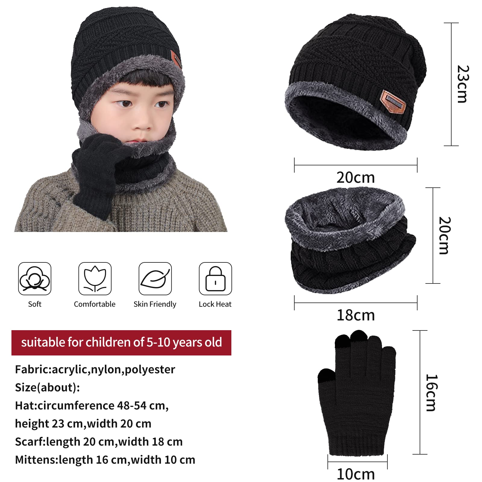 Packs Bonnet Écharpe et Gants Garçon Fille Enfant Bonnet Tricoté Doublé en Polaire Tour de Cou Gants d'hiver à Écran Tactile 5-10 Ans