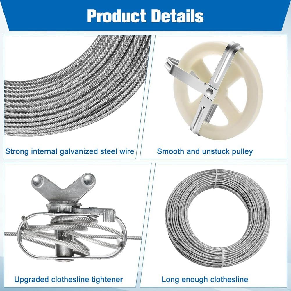 Wäscheleine-Outdoor-Set 47 m PVC-, 2 Rollen und Haken | Dieses Set liefert 47 m PVC-beschichtetes , 2 Rollen und Haken, ideal für Outdoor-Bereiche oder Hotelaufenthalte.
