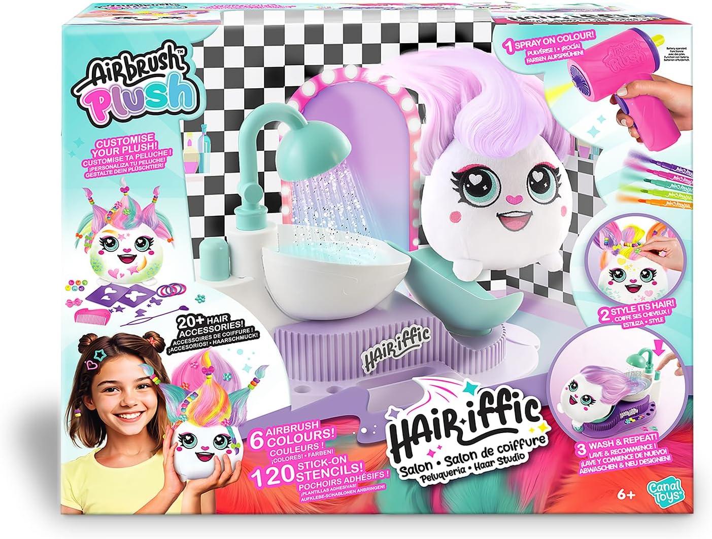 Canal Toys - Airbrush Plush - Hair'iffic Hairdressing Salon - Dye, Wash & Style Soft Toy - Electronic Airbrush Hair Dryer - 20 Accessories + Spray Bottle - Creative Game from 6 Years - AIR 044