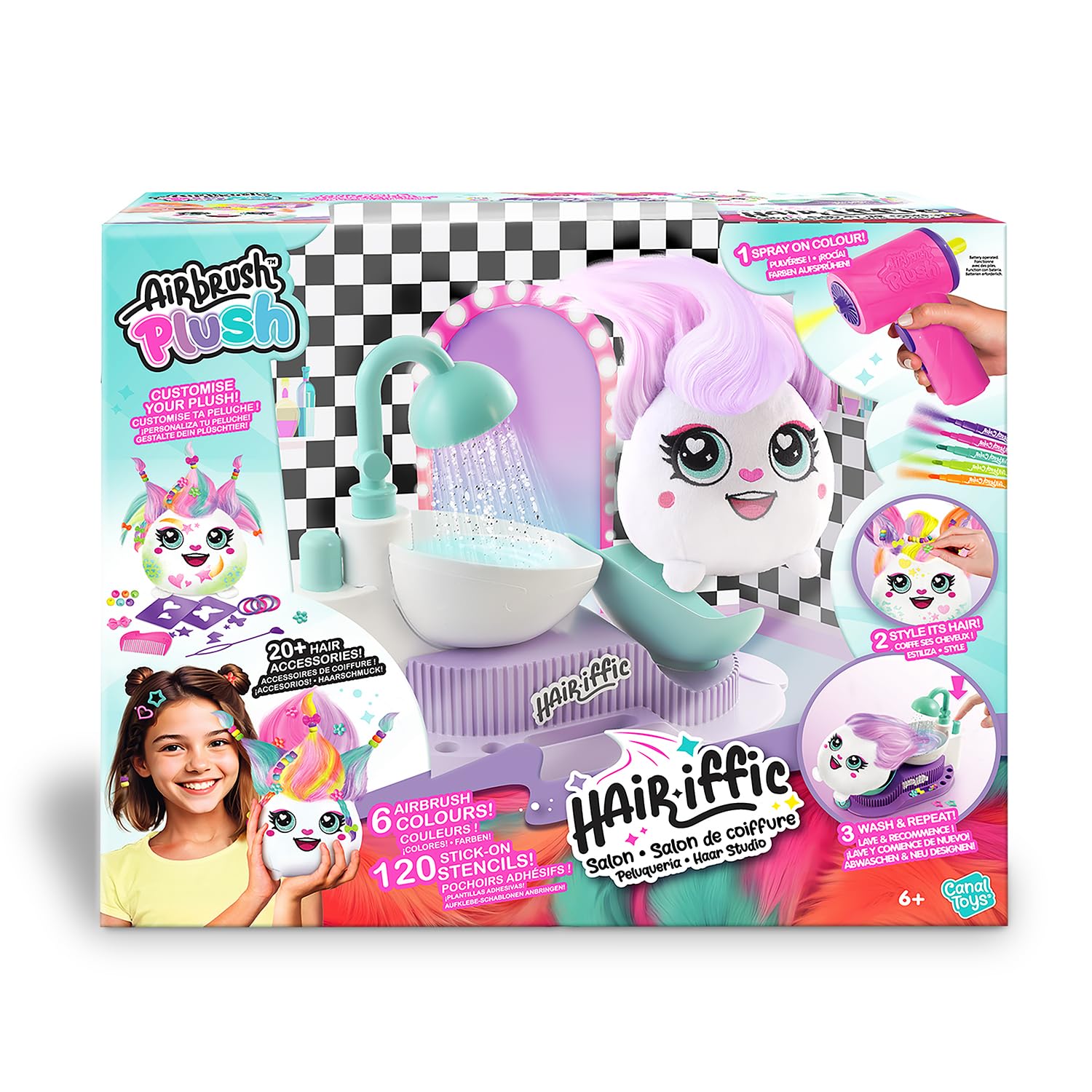 Canal Toys Hair'iffic Salon Airbrush Plush Doudou with Aerografo Stencil Stazione di Lavaggio Creativo Riutilizzabile