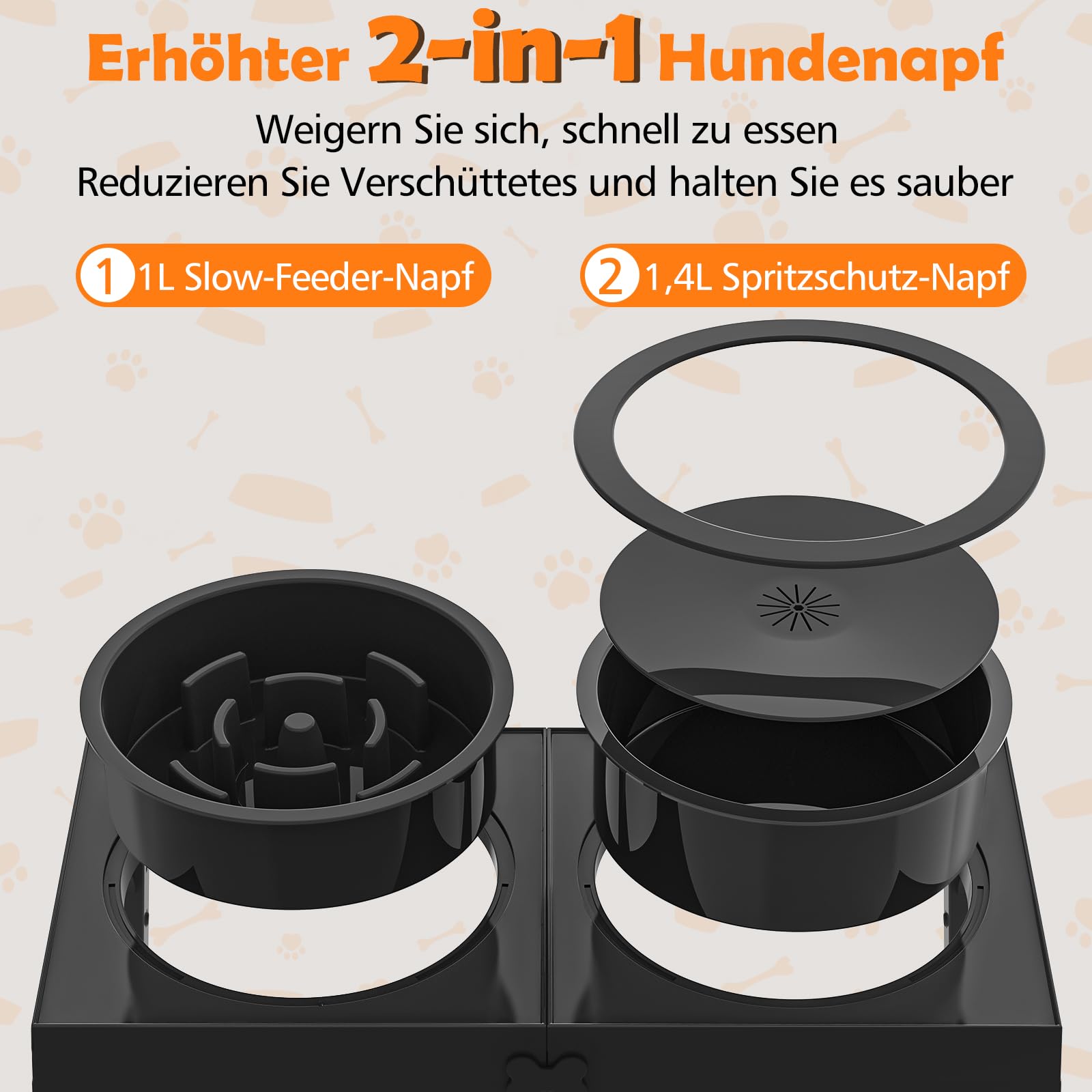 X XBEN 3-in-1 Comedero Perro Elevado de 5 Alturas Ajustables, 1,4L Bebedero Perro Antigoteo, 1L Comedero Antivoracidad,Comederos Elevados para Medianos y Grandes,Plegable y Antideslizante