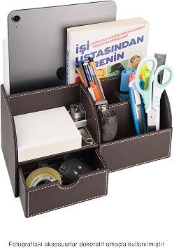 Masaüstü Düzenleyici,Kalemlik,Kumandalık,Küpbloknotluk,Tabletlik,Kitaplık,6 Gözlü,Çekmeceli,Desktop Organizer,Vegan,24,5 * 13 * 12,Kahverengi