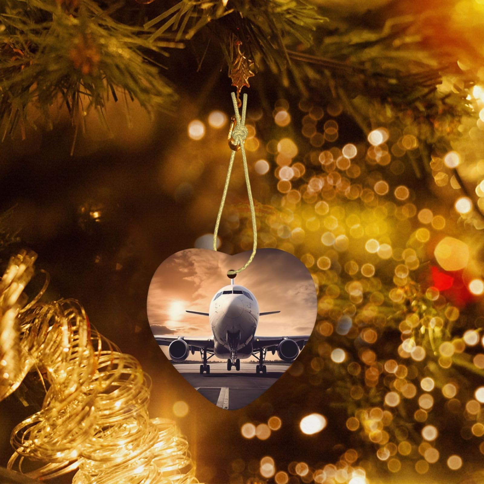 Christmas Heart Shaped Ornaments 1 Pcs, Double-Side Ceramic Xmas Tree Hanging Ornament with Gold String Airplane Personalized Porcelain 2025 Christmas Pendent