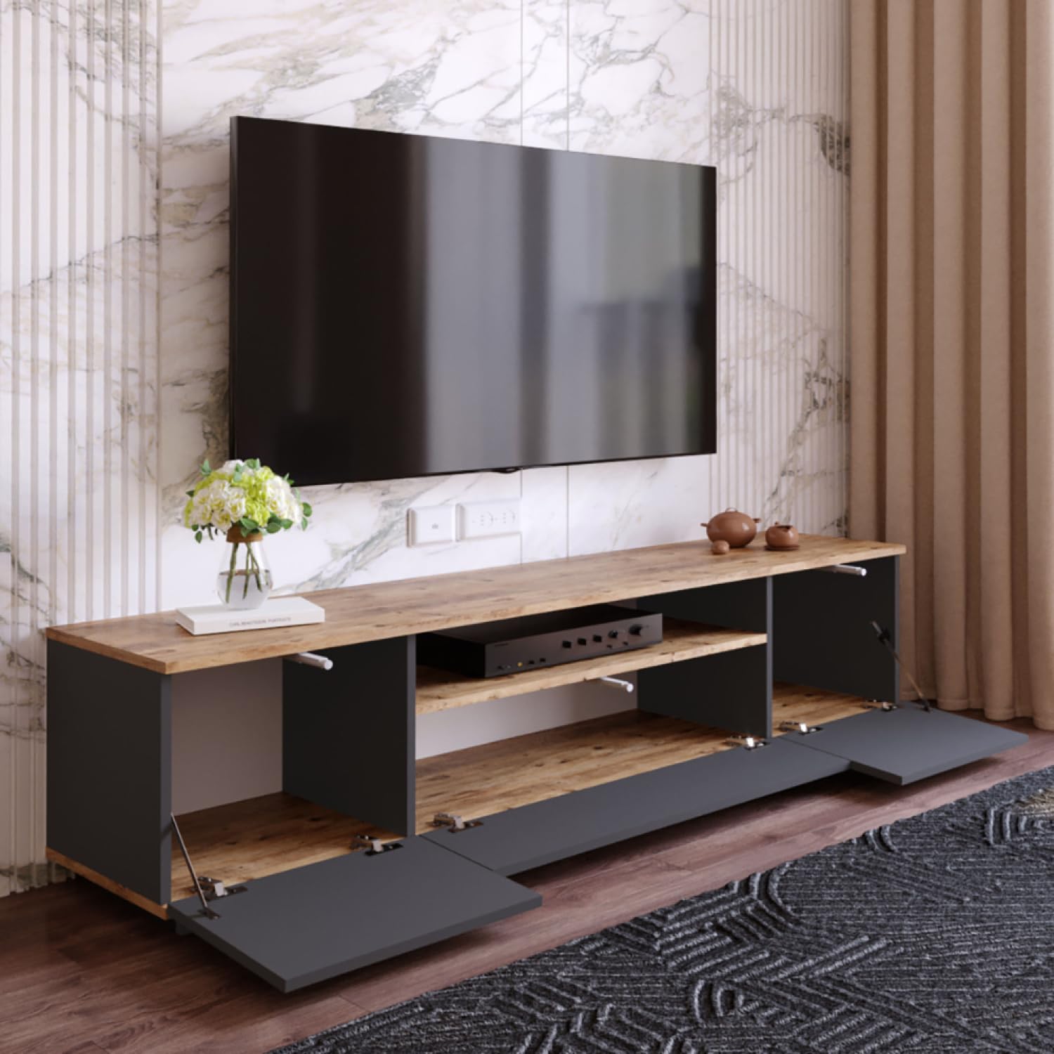 CONCEPT USINE Meuble TV Tyro 3 Portes Abattantes Anthracite 180 cm