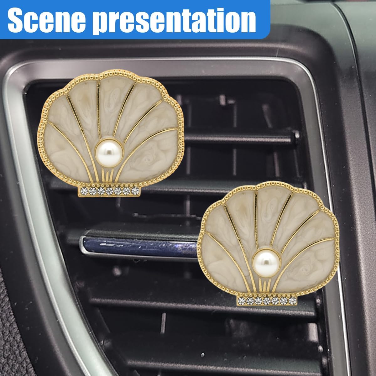 2PCS Seashell Car Vent Clips, Beach Car Dashboard Accessories, Coastal Ocean Air Vent Clip with Pearl Design, Bling Auto Interior Decoration Present for Women Lover and Friend (Beige)