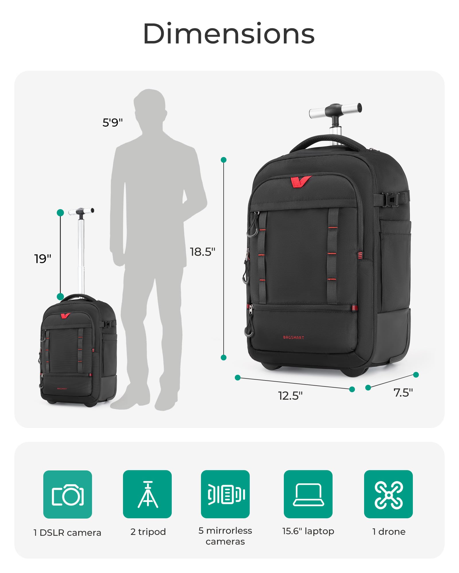 BAGSMART Rolling Camera Bag for DSLRs, Professional Large Camera Backpacks for Travelling Photographers, Photographic Rolling Case & Travel Suitcase, Black