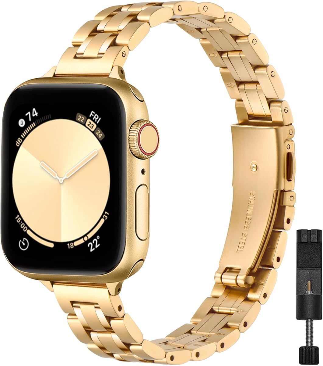 STIROLL Thin Replacement Band Compatible for Apple Watch 38mm 40mm 41mm 42mm(Series 11 10), Stainless Steel Metal Wristband Women Men for iWatch Ultra SE Series 9 8 7 6 5 4 3 2 1, Gold