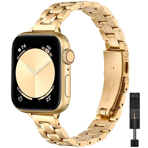 STIROLL Thin Replacement Band Compatible for Apple Watch 38mm 40mm 41mm 42mm 44mm 45mm 46mm 49mm, Stainless Steel Metal Wristband Women Men for iWatch Ultra SE Series 10/9/8/7/6/5/4/3/2/1, Gold - Gold - 38mm/40mm/41mm/42mm(Series 10)