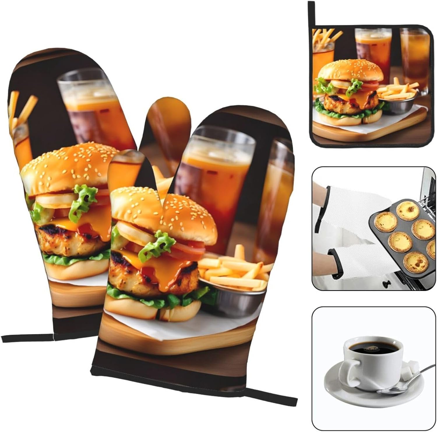 Chicken Leg Burger Drink Print Heat Resistant Microwave Gloves, Used for Baking, Cooking, and Fashion Kitchen Essentials