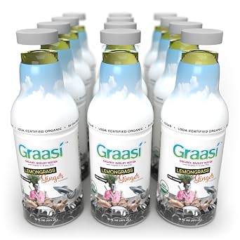 Graasi Organic Barley Grass Water | Hydration Drink with Vitamin C, D, Zinc | USDA Organic, Non-GMO, Vegan | Low-Calorie Wellness Beverage | Lemongrass Ginger | 12 Pack 16 Fl Oz Bottles