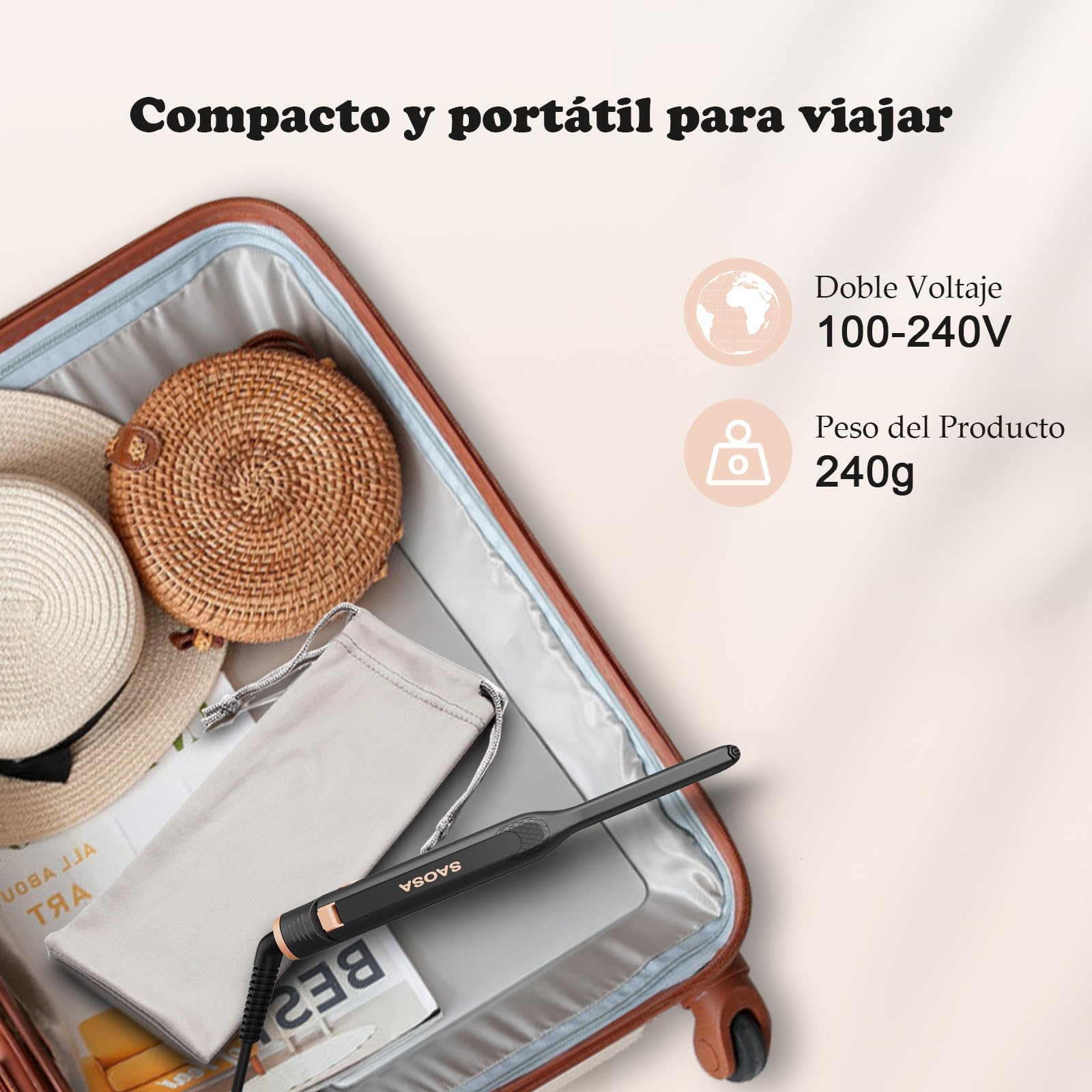 SAOSA 2 w 1 Mini ceramiczna prostownica do włosów, mała przenośna prostownica do włosów, 90°C- 210°C, do krótkich włosów, genialnych włosów i brody męskiej, podwójne napięcie, różowe złoto