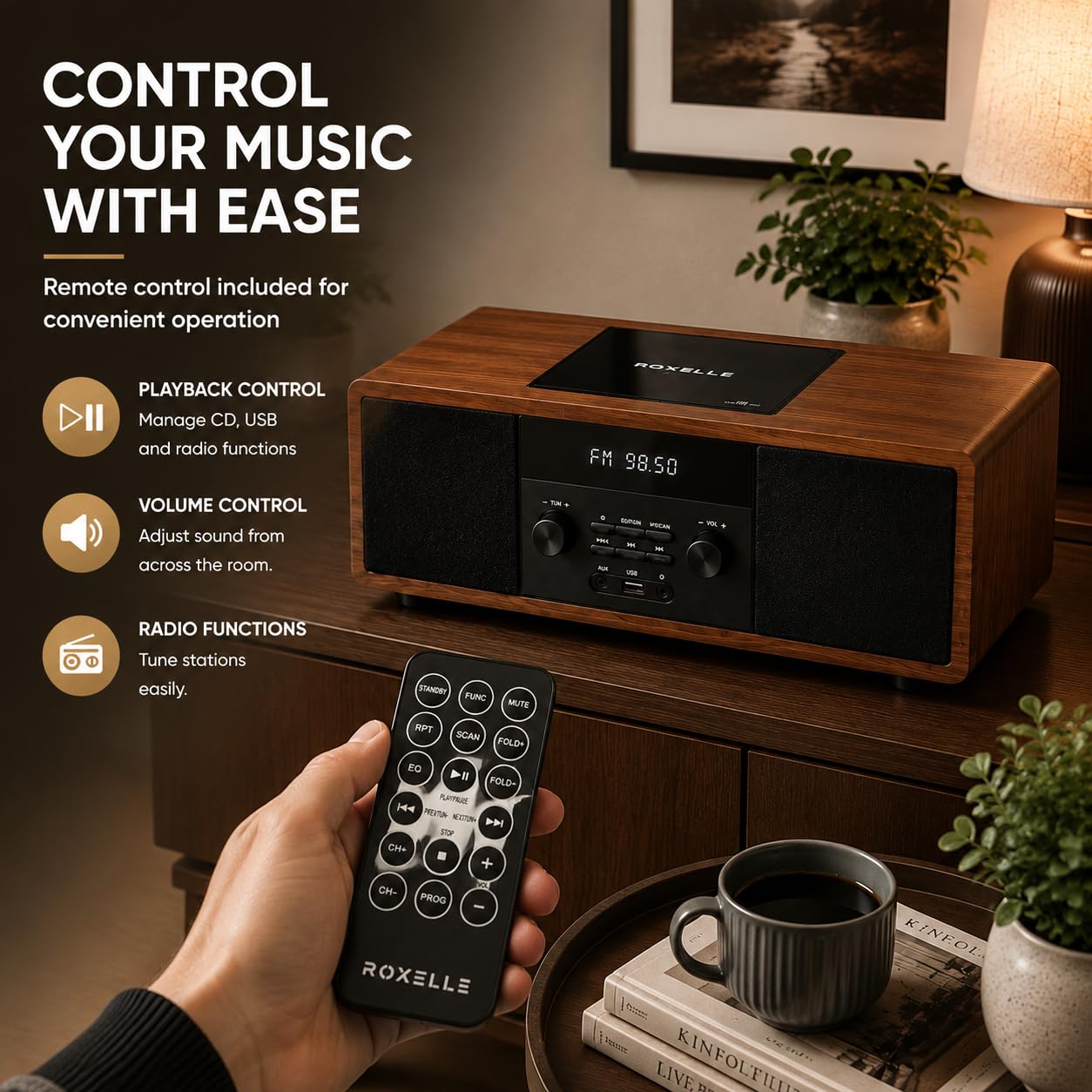 ROXELLE Sistema Hi-Fi compatto CD-440 con lettore CD, Bluetooth, radio FM, riproduzione MP3 USB, AUX e jack per cuffie, 2 altoparlanti stereo da 10 W, telecomando, finitura in legno di noce