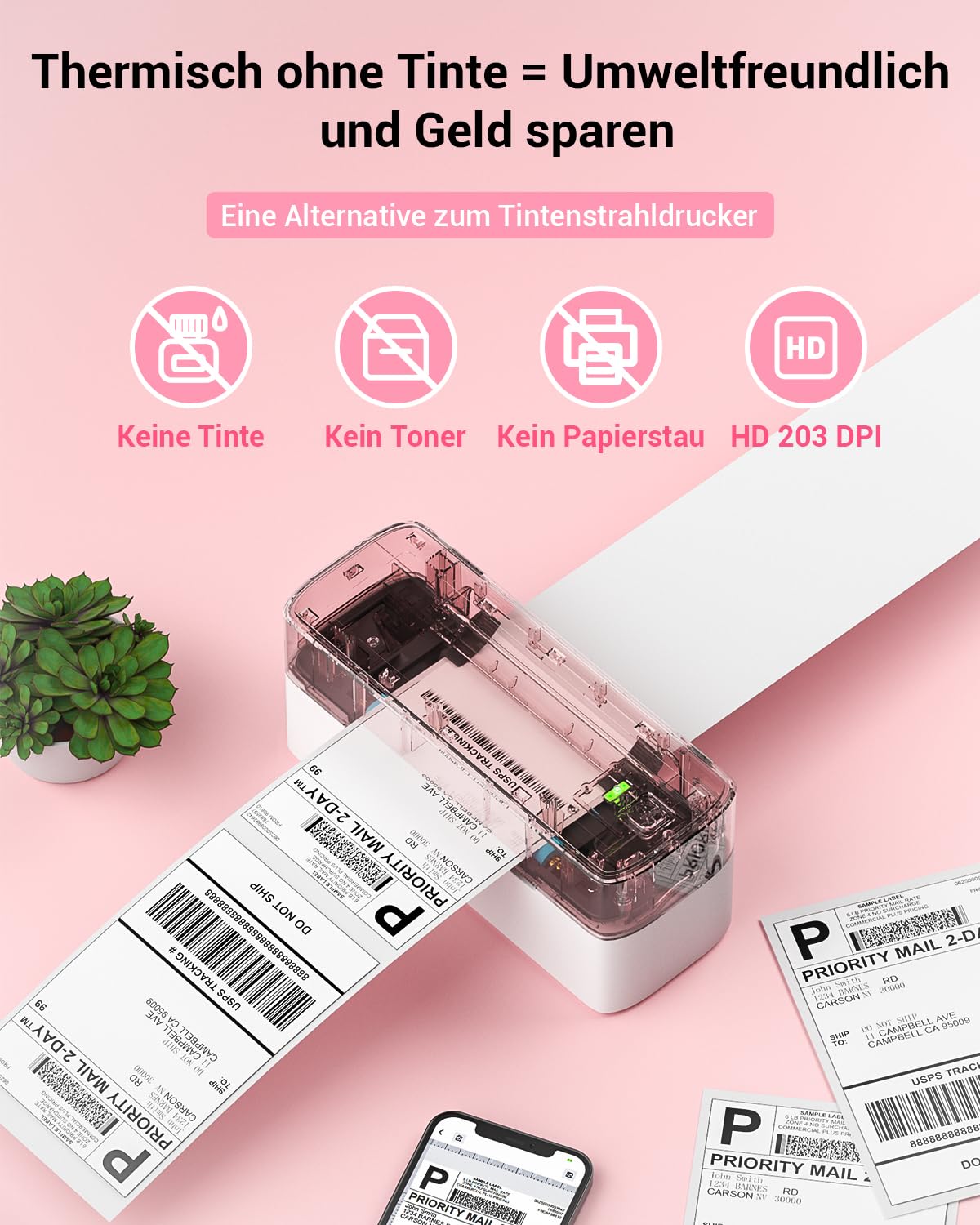 Phomemo DHL Etikettendrucker 4x6, Bluetooth Thermodrucker, Versandetiketten Drucker Label Printer, Kompatibel mit Amazon, Etsy, Shopify, DHL, UPS, FedEx, Royal Mail, USB & Bluetooth Verbindung - Rosa