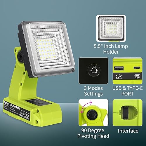 Miniatura 5 de Luz inalámbrica de 1500 lm para batería Ni-Cad Ni-Mh de iones de litio Ryobi ONE+ de 18 V, proyector LED portátil con puerto USB y tipo C, luz de