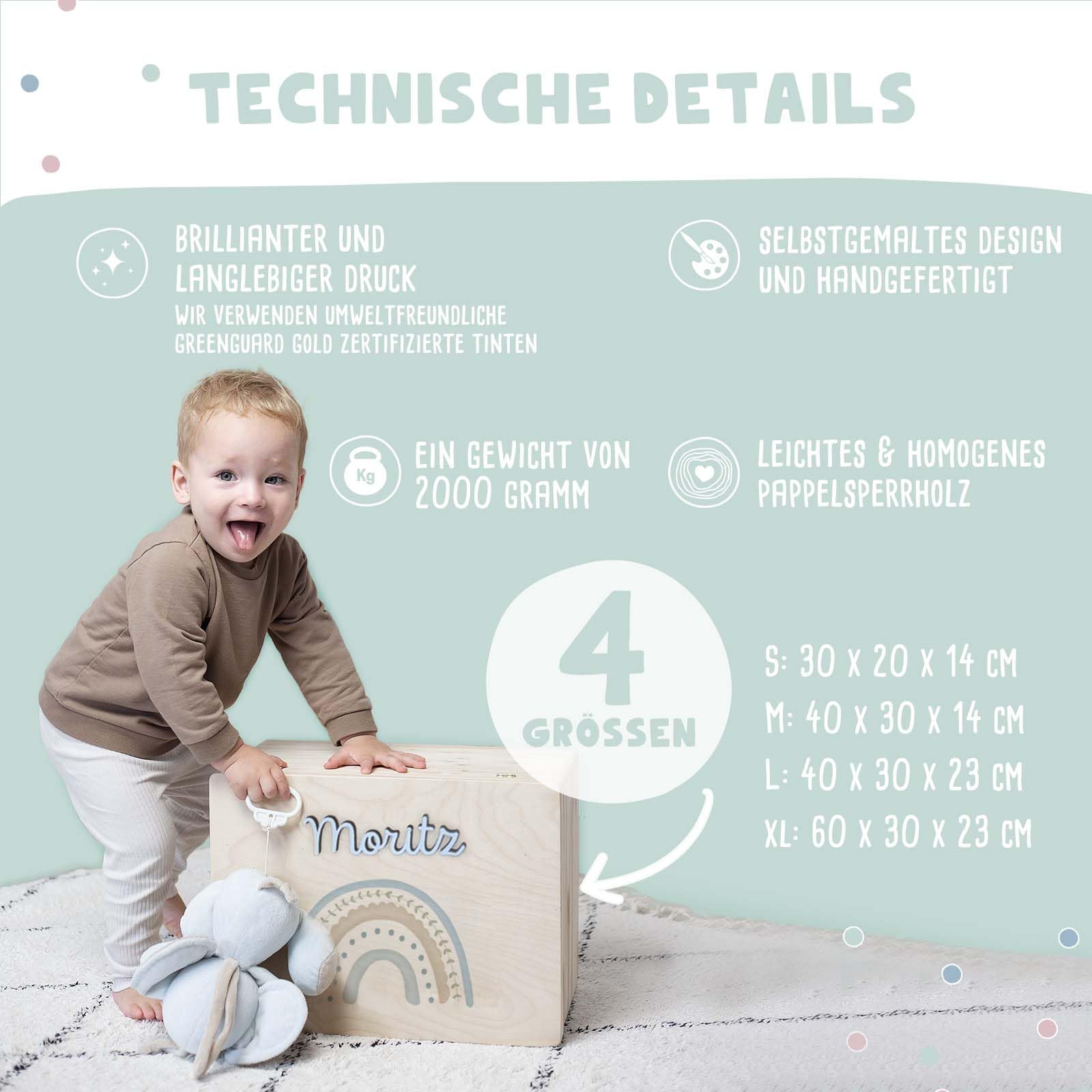 hellomini Personalisierte Erinnerungskiste aus Holz mit 3D-Namenszug – Geschenk zur Geburt, Taufe, Geburtstag – Kiste für Baby Andenken – Motivdruck oder Gravur (Gravur - Blumenkranz, XL: 60x40x23cm)