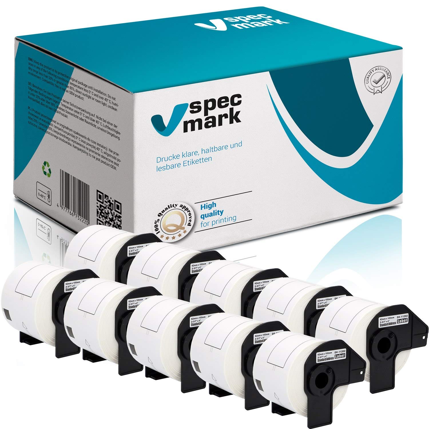 10 Rotoli Di Etichette DK11202 62x100 Mm - Compatibili Brother P-Touch QL Serie, 300 Etichette Per Rotolo