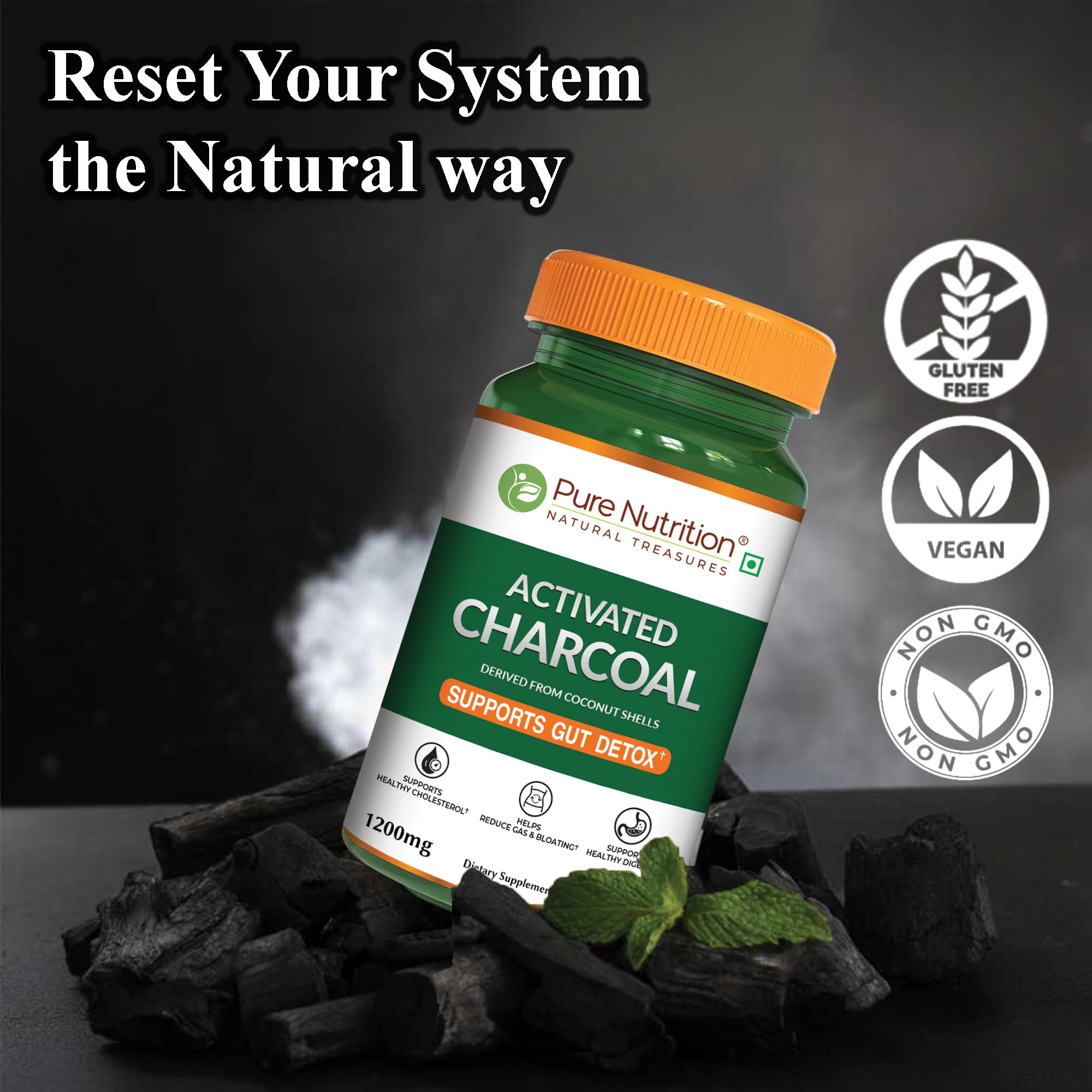 Pure Nutrition Activated Charcoal 1200mg – 60 Veg Capsules | Natural Detox Supplement for Gas Relief, Bloating, Digestion & Gut Health – Derived from Coconut Shells - Image 2 thumbnail