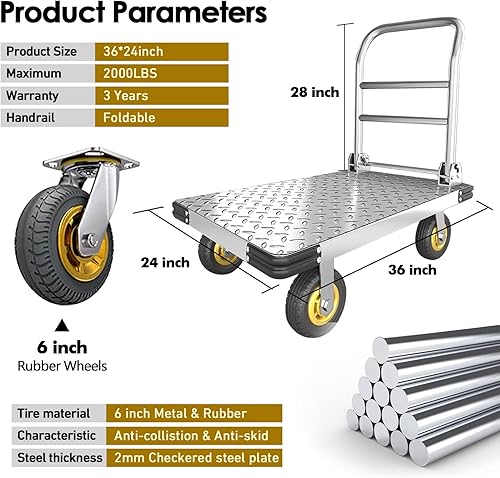 Miniatura 5 de Carro de plataforma para camiones de plataforma resistente, capacidad de 2000 libras, carrito de empuje plegable de acero, carrito grande de