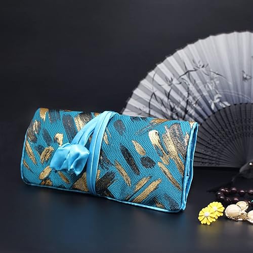 Miniatura 3 de Wei Long Rollo de joyería, bolsa de rollo de joyería de viaje, bolsa organizadora de joyas de brocado bordado de seda con cierre de corbata, (rayas,