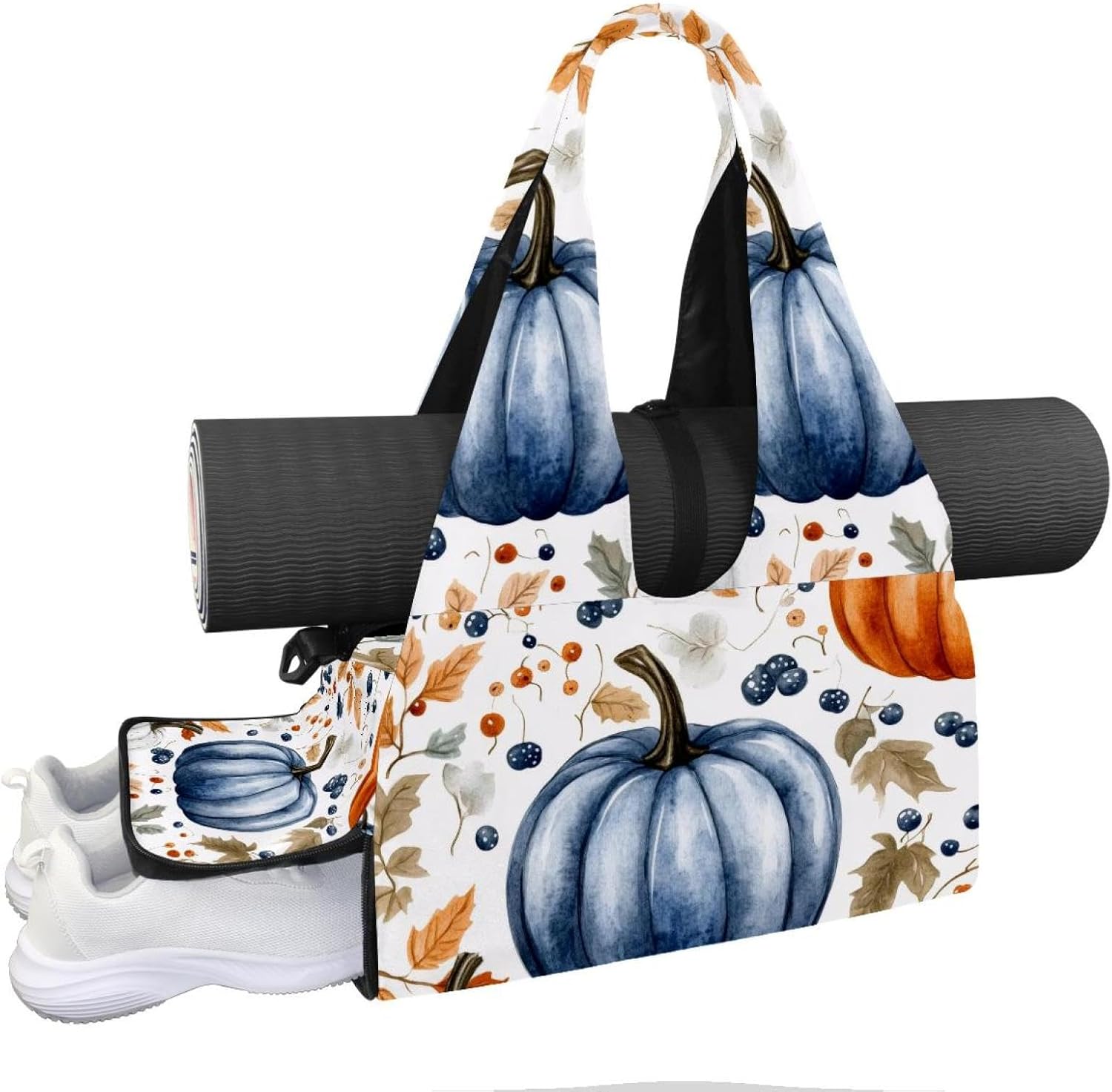 Gym Bag for Women, Watercolor Pumpkins Yoga Mat Bag with Shoe Compartment, Sport Yoga Gym Bag with Yoga Strap, Carryall Yoga Tote Bag
