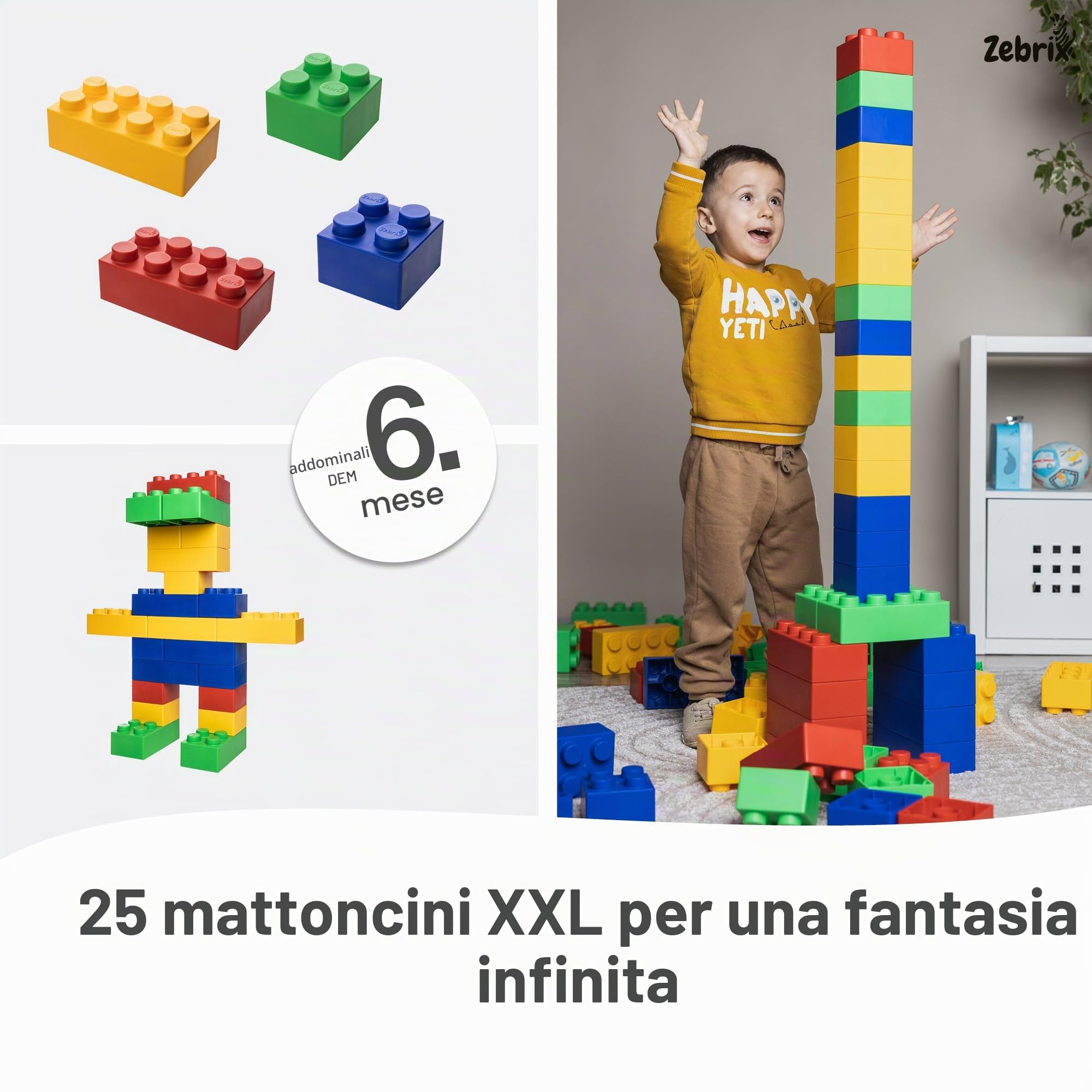 XXL 25 mattoncini da costruzione in 4 colori, grandi blocchi di costruzione in rosso, verde, blu e giallo (25 pietre), per neonati e bambini, prodotti in Germania